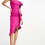 True Violet One Shoulder Ruffle Midi Dress In Fuchsia