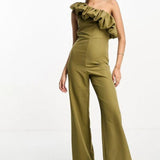 True Violet Bardot Jumpsuit With Ruffle Detail In Light Khaki