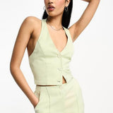 Miss Selfridge High Waist Straight Leg Trousers In Green Satin
