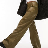 Topshop Faux Leather Wide Leg Trouser In Green