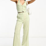 Miss Selfridge High Waist Straight Leg Trousers In Green Satin