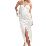 Pieces Deep V Bodycon Satin Midi Dress With Front Slit In Cream