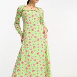 Vila Petite Square Neck Midi Dress With Lace Up Back In Green Floral Print