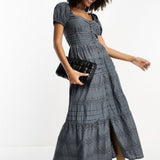 Asos Design Broderie Button Through Tiered Maxi Tea Dress In Slate Grey