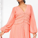 Asos Design Petite Button Through Ruched Waist Pleated Mini Dress In Metallic Dobby In Coral
