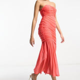 Asos Design Mesh Ruched Bodycon Bandeau Flared Hem Midi Dress In Coral