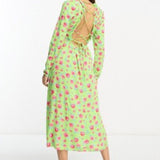 Vila Petite Square Neck Midi Dress With Lace Up Back In Green Floral Print