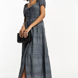 Asos Design Broderie Button Through Tiered Maxi Tea Dress In Slate Grey