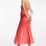 Asos Design Mesh Ruched Bodycon Bandeau Flared Hem Midi Dress In Coral