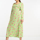 Vila Petite Square Neck Midi Dress With Lace Up Back In Green Floral Print