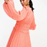 Asos Design Petite Button Through Ruched Waist Pleated Mini Dress In Metallic Dobby In Coral