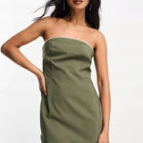 Asos Design Bengaline Bandeau Mini Dress With Embellished Trim In Khaki – dresses by ASOS DESIGN, available to rent from Hirestreet