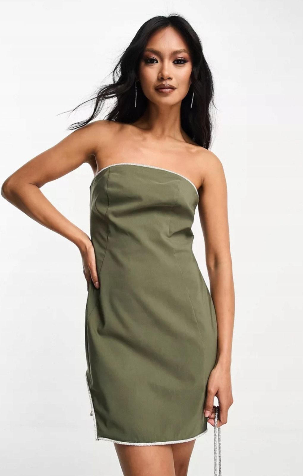Asos Design Bengaline Bandeau Mini Dress With Embellished Trim In Khaki – dresses by ASOS DESIGN, available to rent from Hirestreet