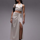 Topshop Linen Tuck Waist Maxi Skirt In Sand