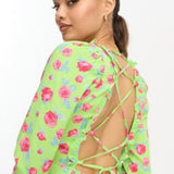 Vila Petite Square Neck Midi Dress With Lace Up Back In Green Floral Print