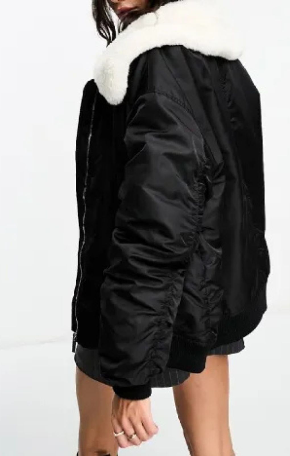 Miss Selfridge Faux Fur Collar Bomber Jacket In Black – coats & jackets by Miss Selfridge, available to rent from Hirestreet