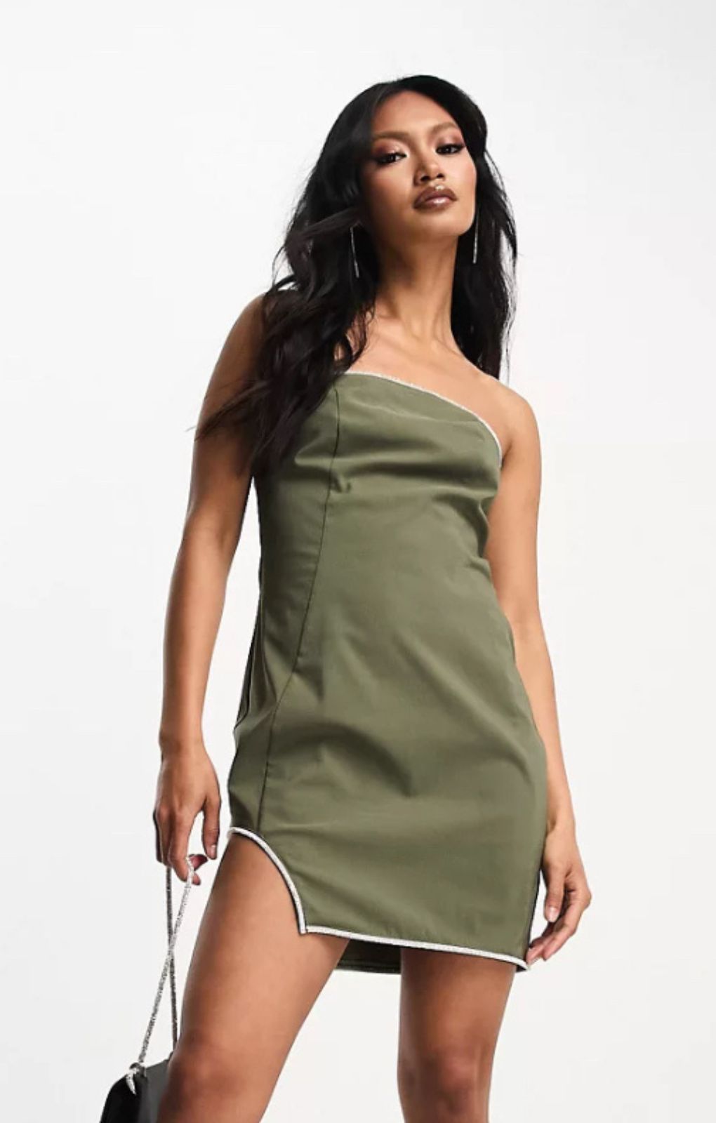 Asos Design Bengaline Bandeau Mini Dress With Embellished Trim In Khaki – dresses by ASOS DESIGN, available to rent from Hirestreet