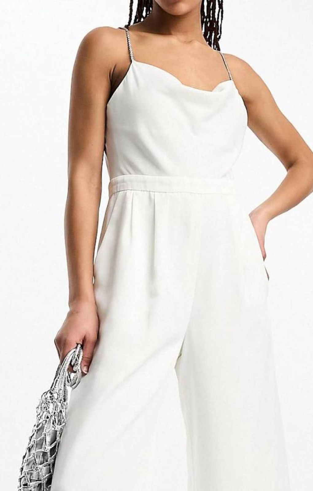 Forever New Cowl Neck Satin Jumpsuit In White – jumpsuits & playsuits by Forever New, available to rent from Hirestreet