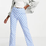 Pieces Flared Trousers In Pastel Blue Check