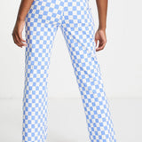 Pieces Flared Trousers In Pastel Blue Check