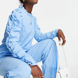 Pieces Textured Wide Leg Trousers In Blue