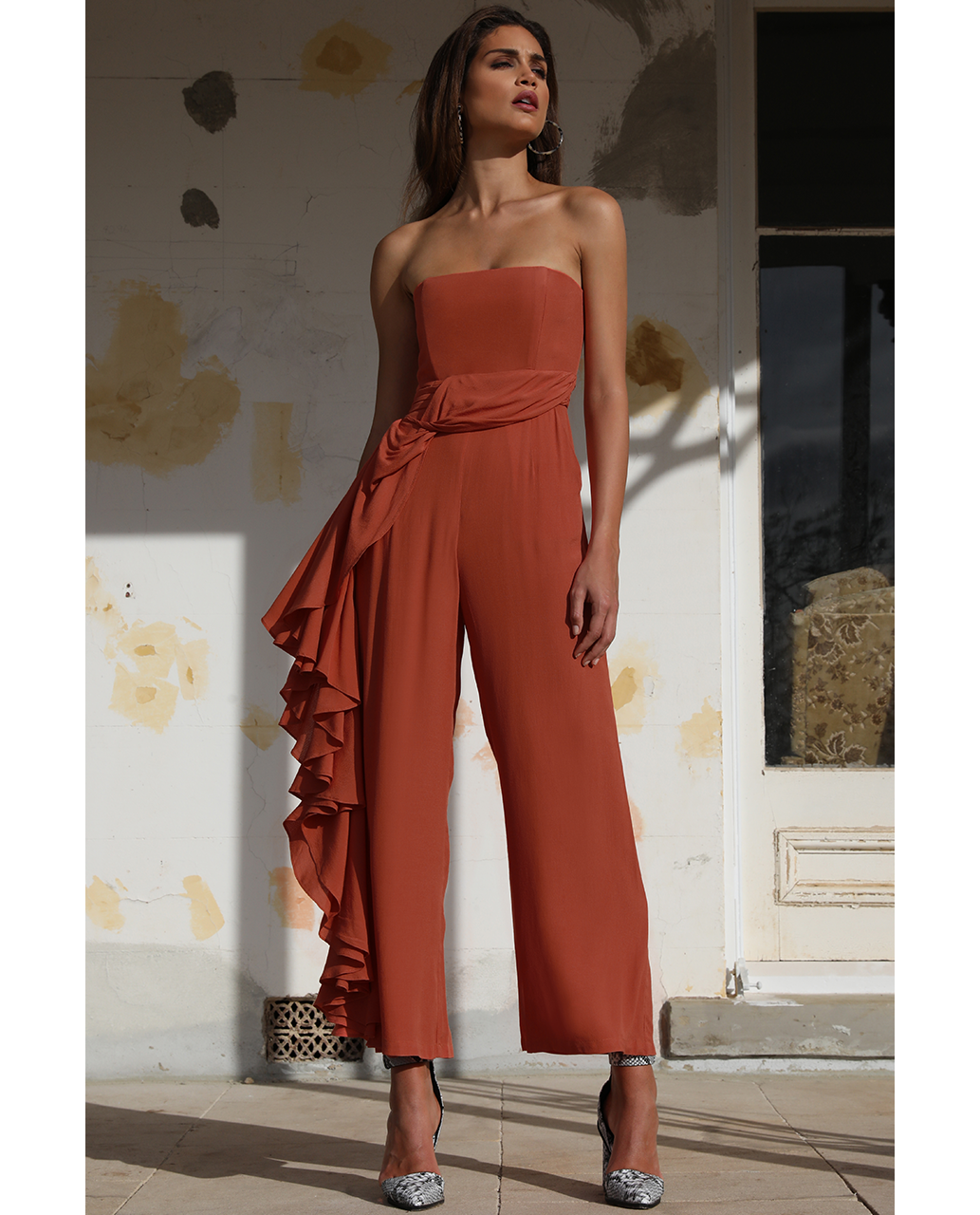 Prem The Label Burnt Strapless Jumpsuit With Side Ruffle product image