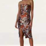 Prem The Label Orange Floral Bandeau Midi Dress