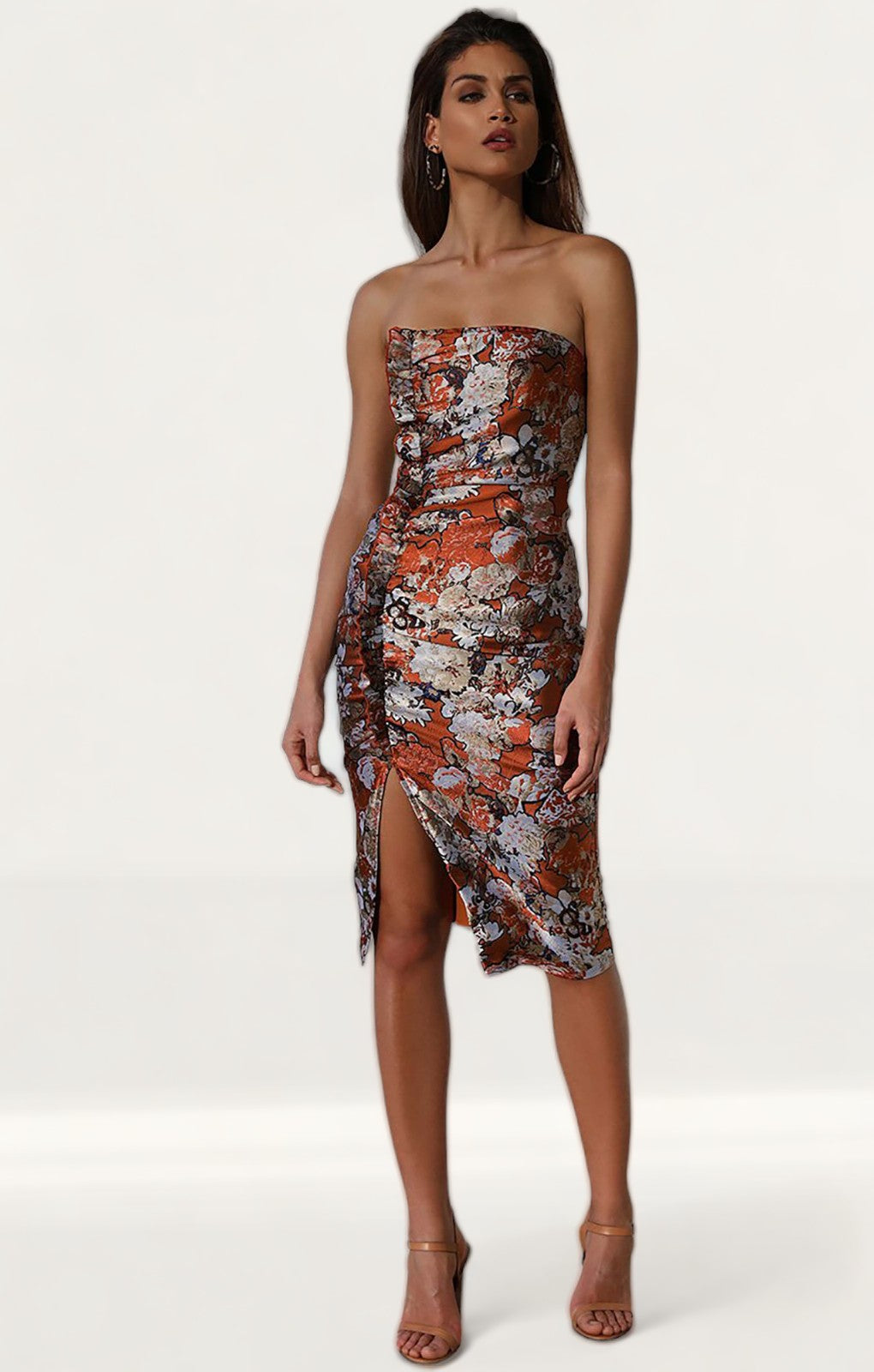 Prem The Label Orange Floral Bandeau Midi Dress