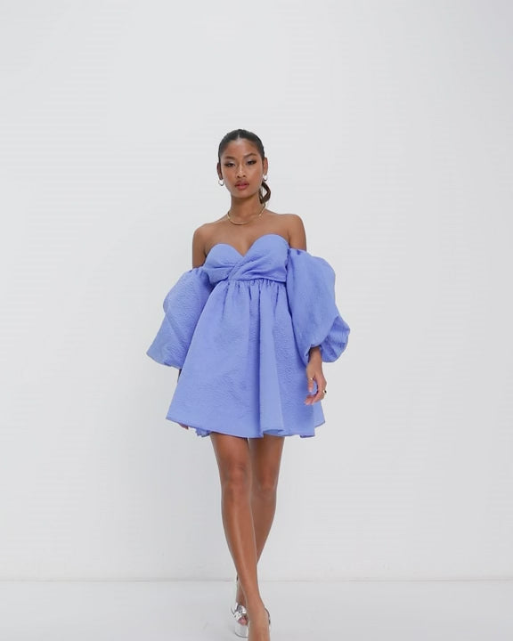 Asos Edition Off Shoulder Textured Mini Dress With Blouson Sleeve In Blue