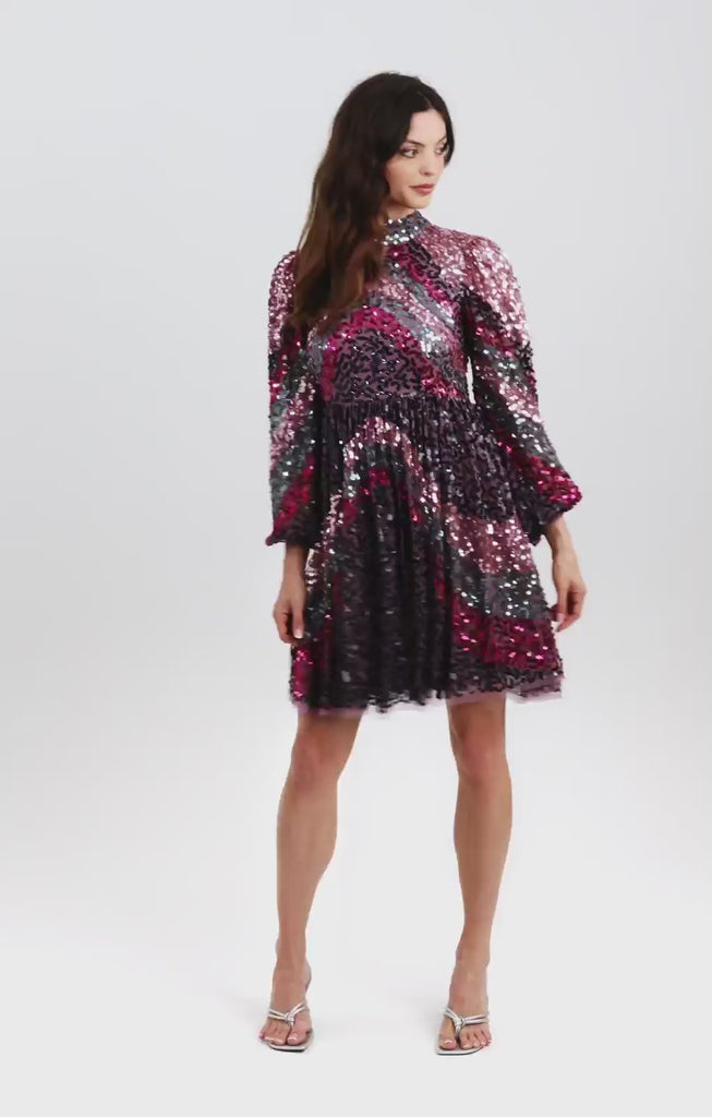 Maya Striped Embellished Open Back Mini Dress In Purple Mix
