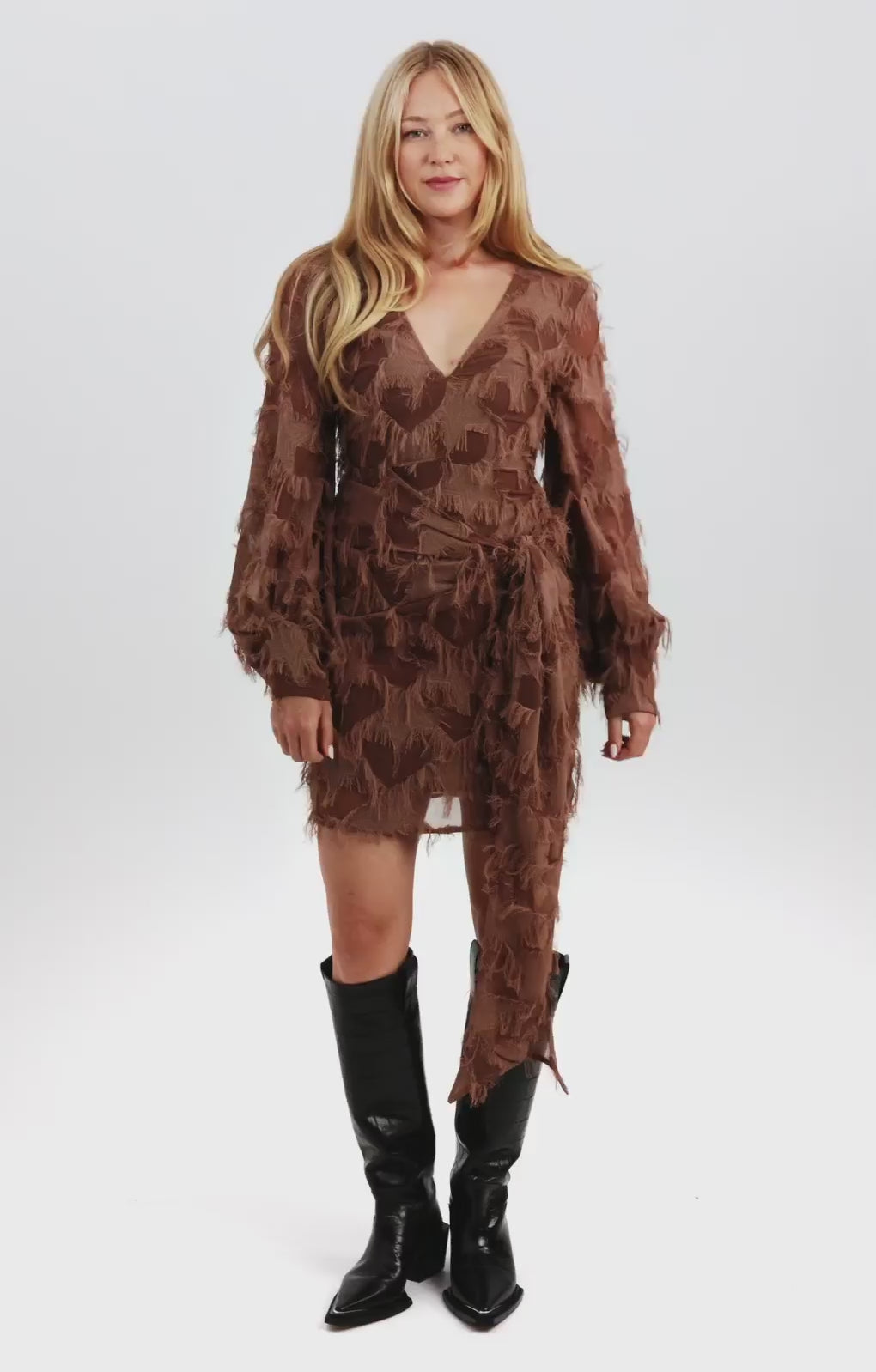 ASOS DESIGN Fluffy V Neck Mini Dress With Tie Waist And Tie Back Detail In Brown