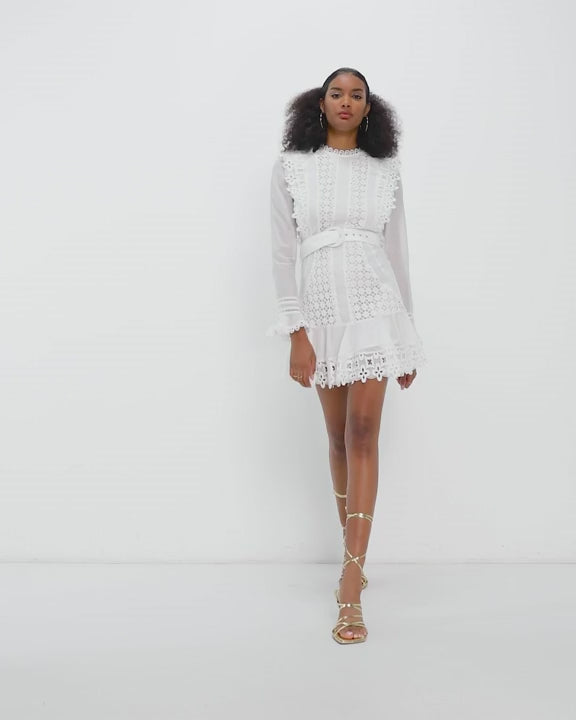 Asos Design Lace Frill Detail Mini Dress With Belt In White