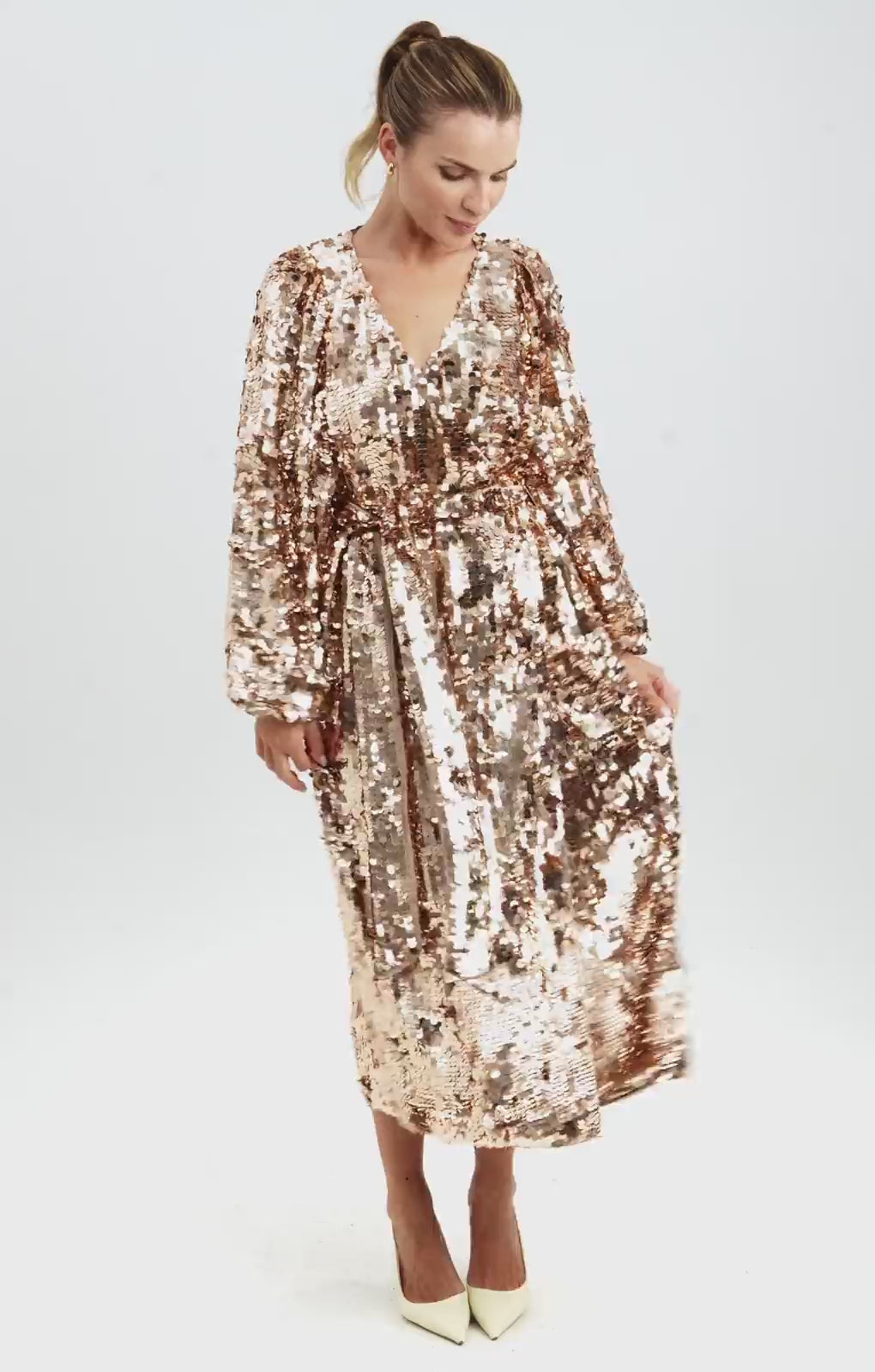 ASOS EDITION Batwing Sleeve Sequin Wrap Midi Dress In Gold