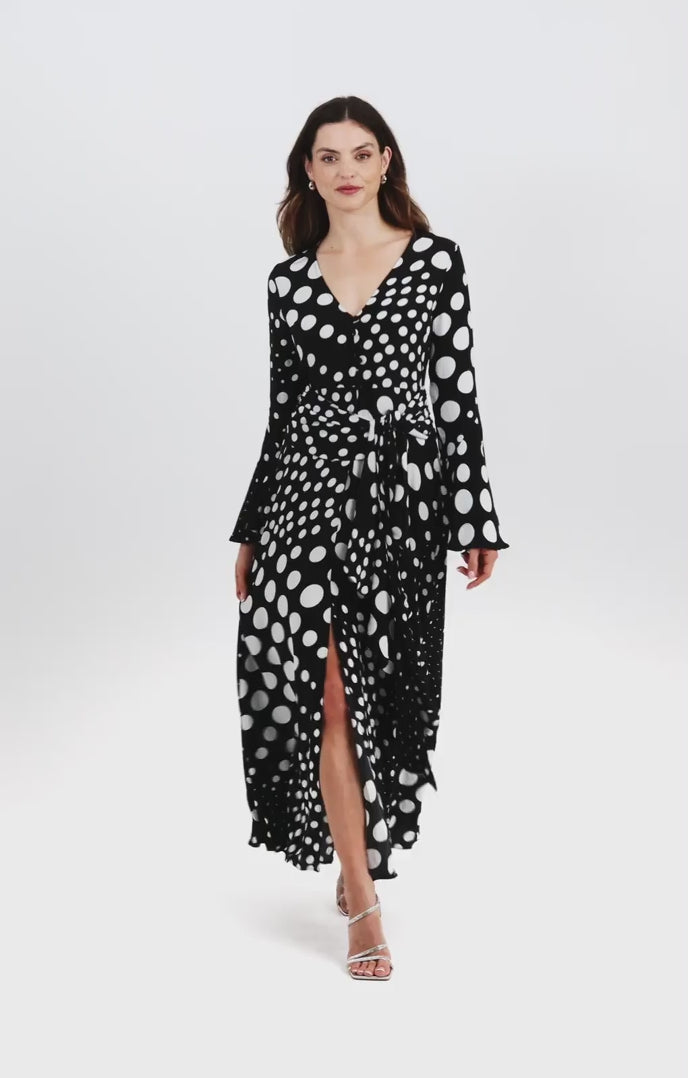 Topshop Button Down V Neck Tie Front Midi Dress In Polka Dot Print