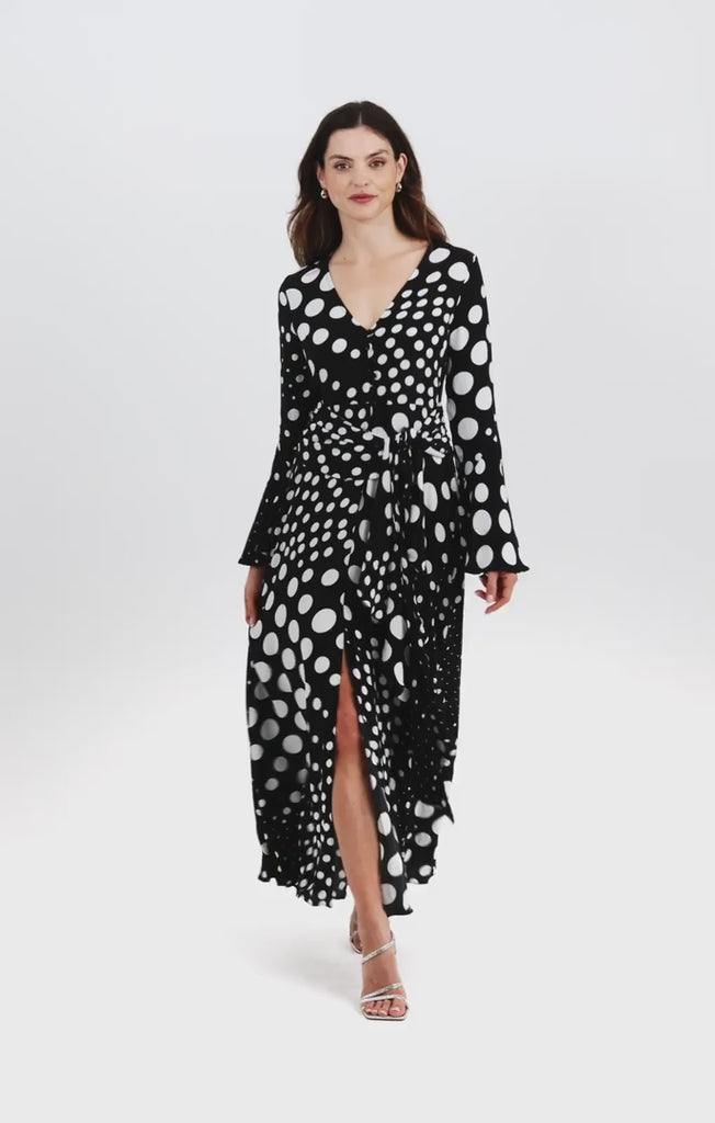 Topshop Button Down V Neck Tie Front Midi Dress In Polka Dot Print