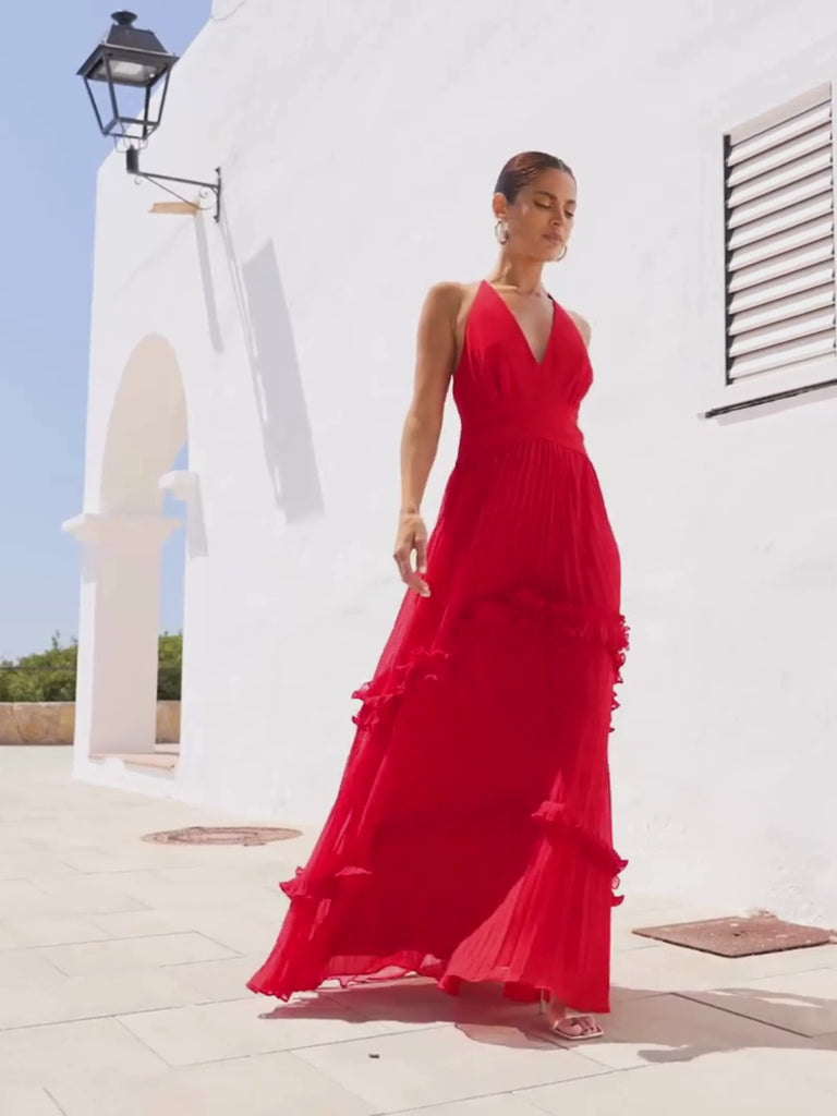 Ro&Zo Sienna Red Pleated Frill Maxi Dress