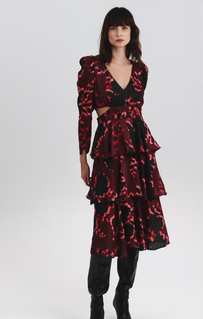 Topshop Cut Out Waist Floral Print Tiered Occasion Midi Dress In Burgundy