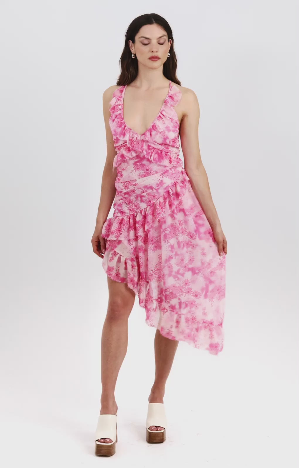 ASOS DESIGN Halter Neck Ruched Asymmetric Frill Mini Dress In Floral Print
