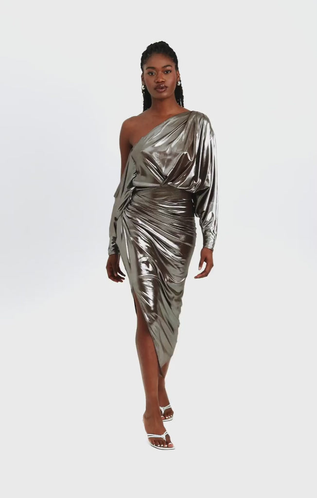 ASOS DESIGN Off Shoulder Grecian Drape Midi Dress In Gold Foil