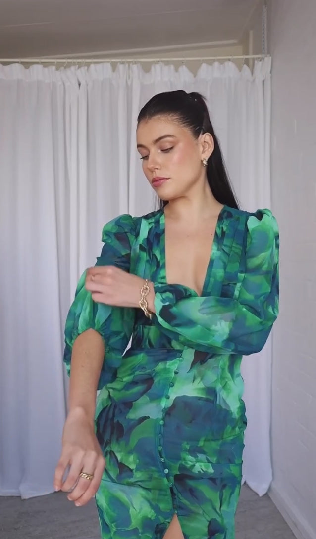 Runaway The Label Calista Long Sleeved Green Midi Dress