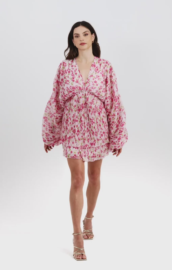 ASOS DESIGN Micro Pleated Batwing Trapeze Mini Dress In Pink Floral