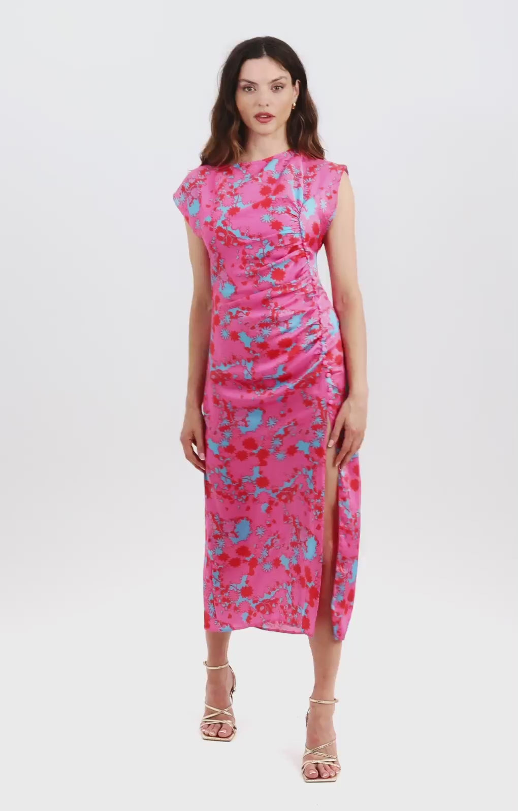 ASOS DESIGN Ruched Side Button Cap Sleeve Satin Maxi Dress In Pink Based Floral Print