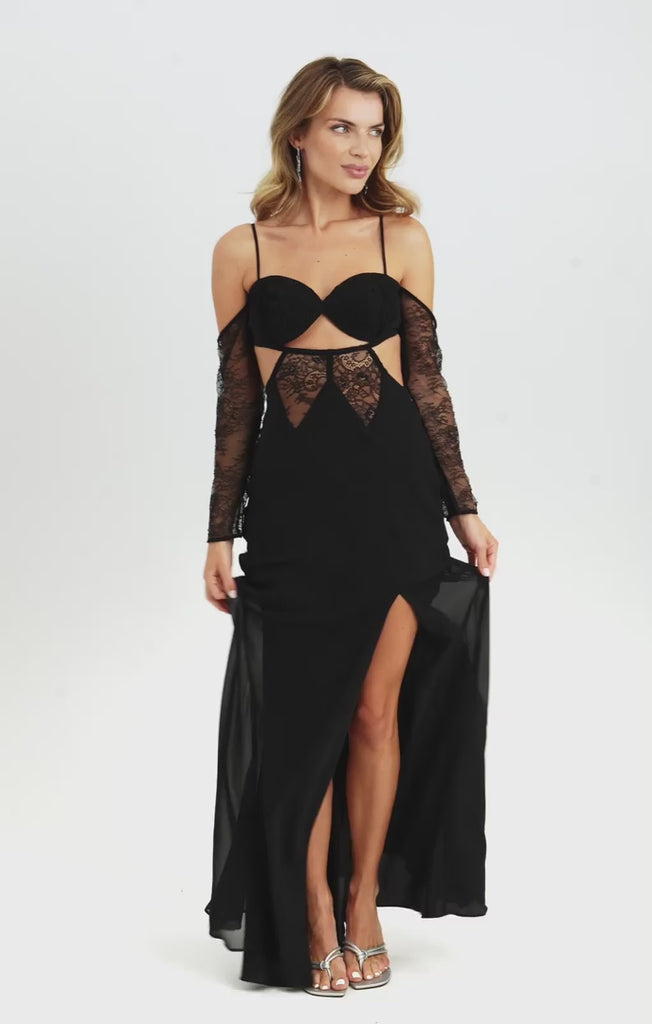 ASOS DESIGN Corset Detail Cold Shoulder Maxi Dress With Lace Inserts In Black