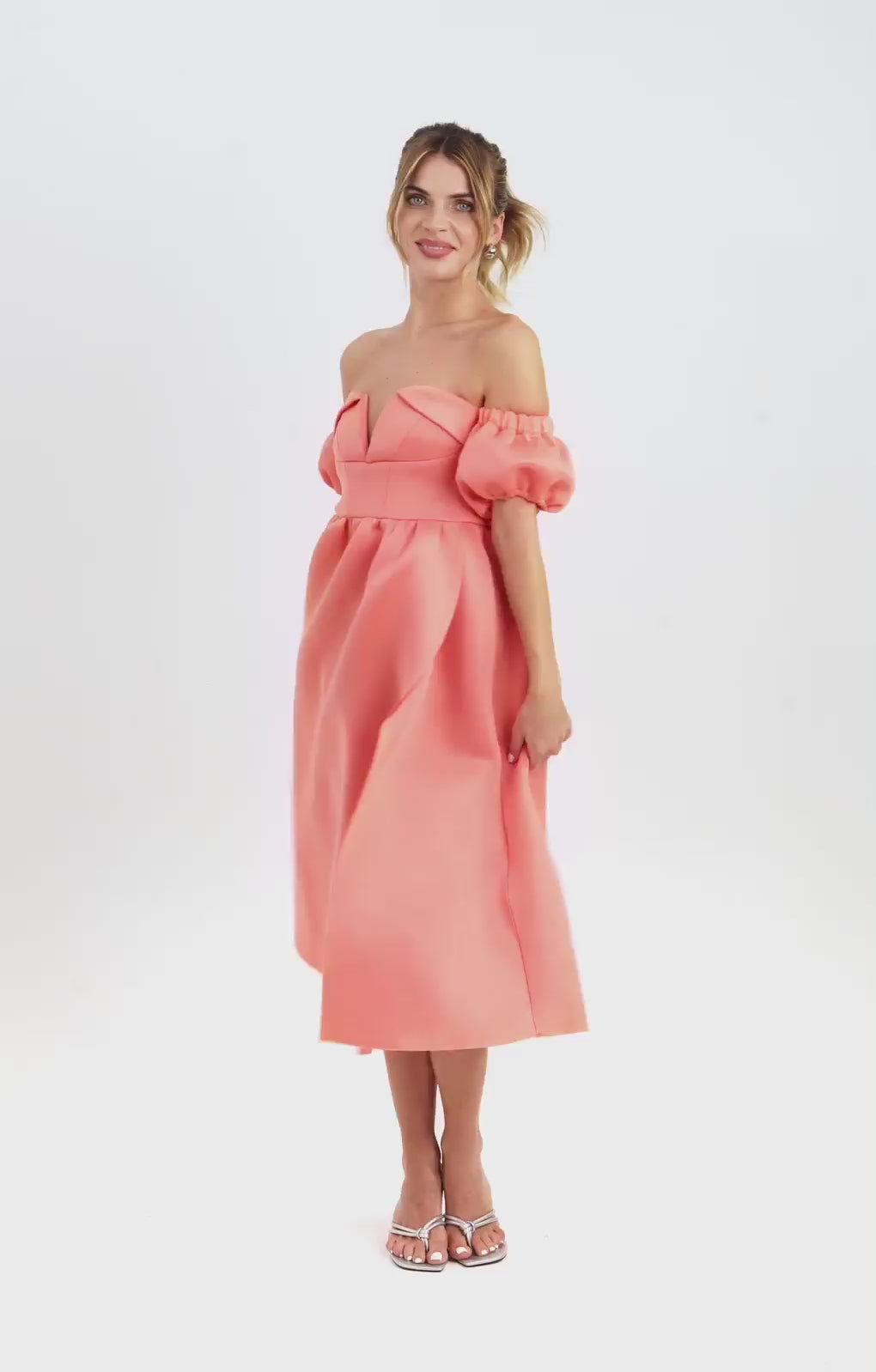 ASOS DESIGN Off Shoulder Ruffle Midi Prom Dress In Coral