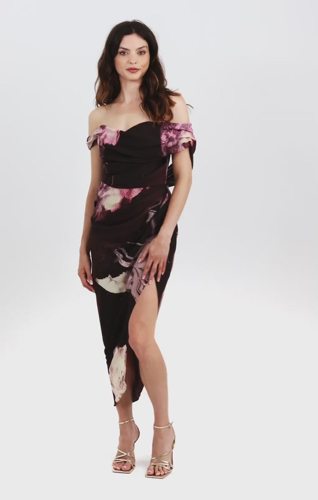 ASOS EDITION Ultimate Draped Bardot Midi Dress In Blurred Floral Print
