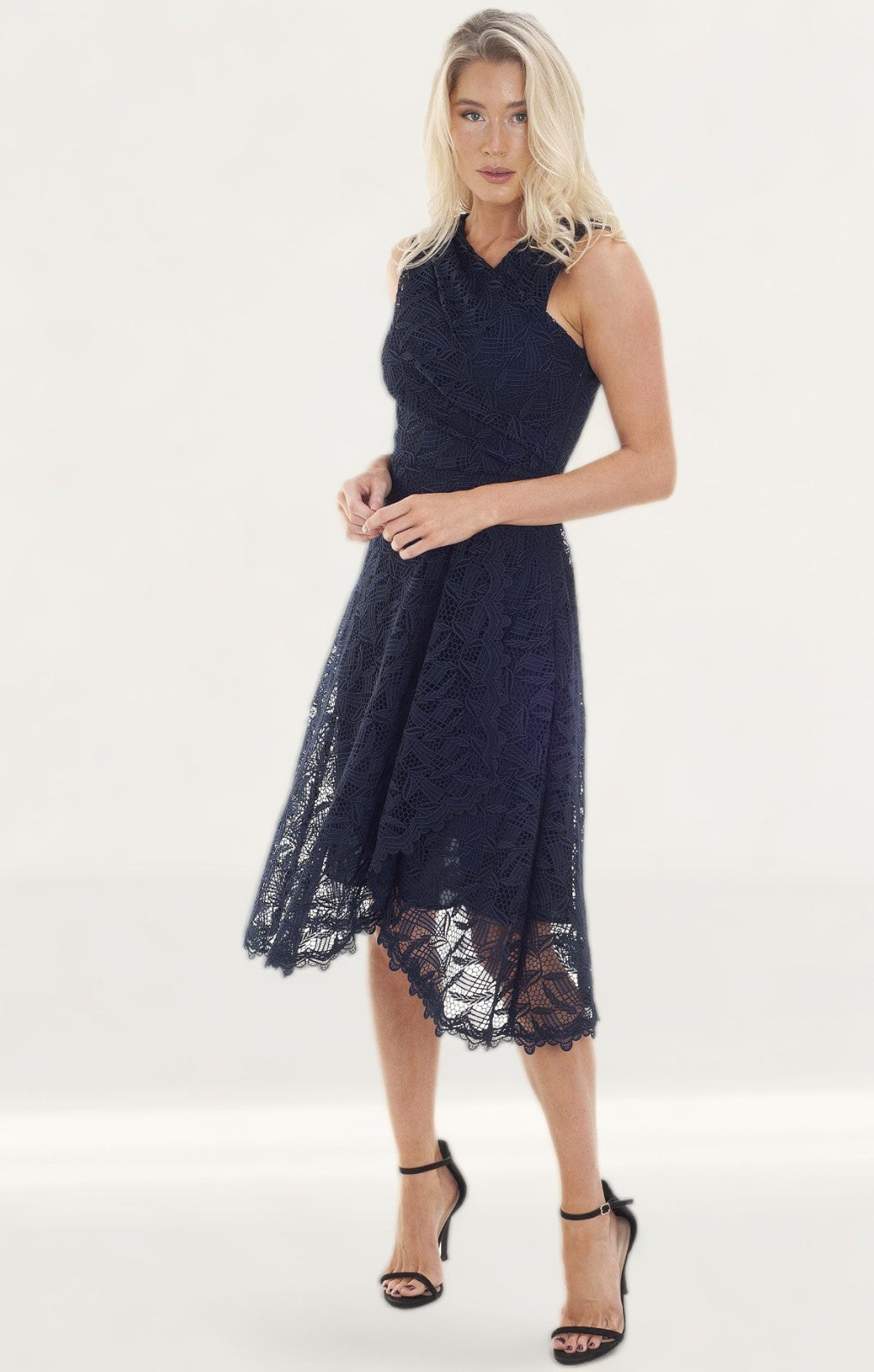 Reiss Navy Lace Wrap Midi Dress