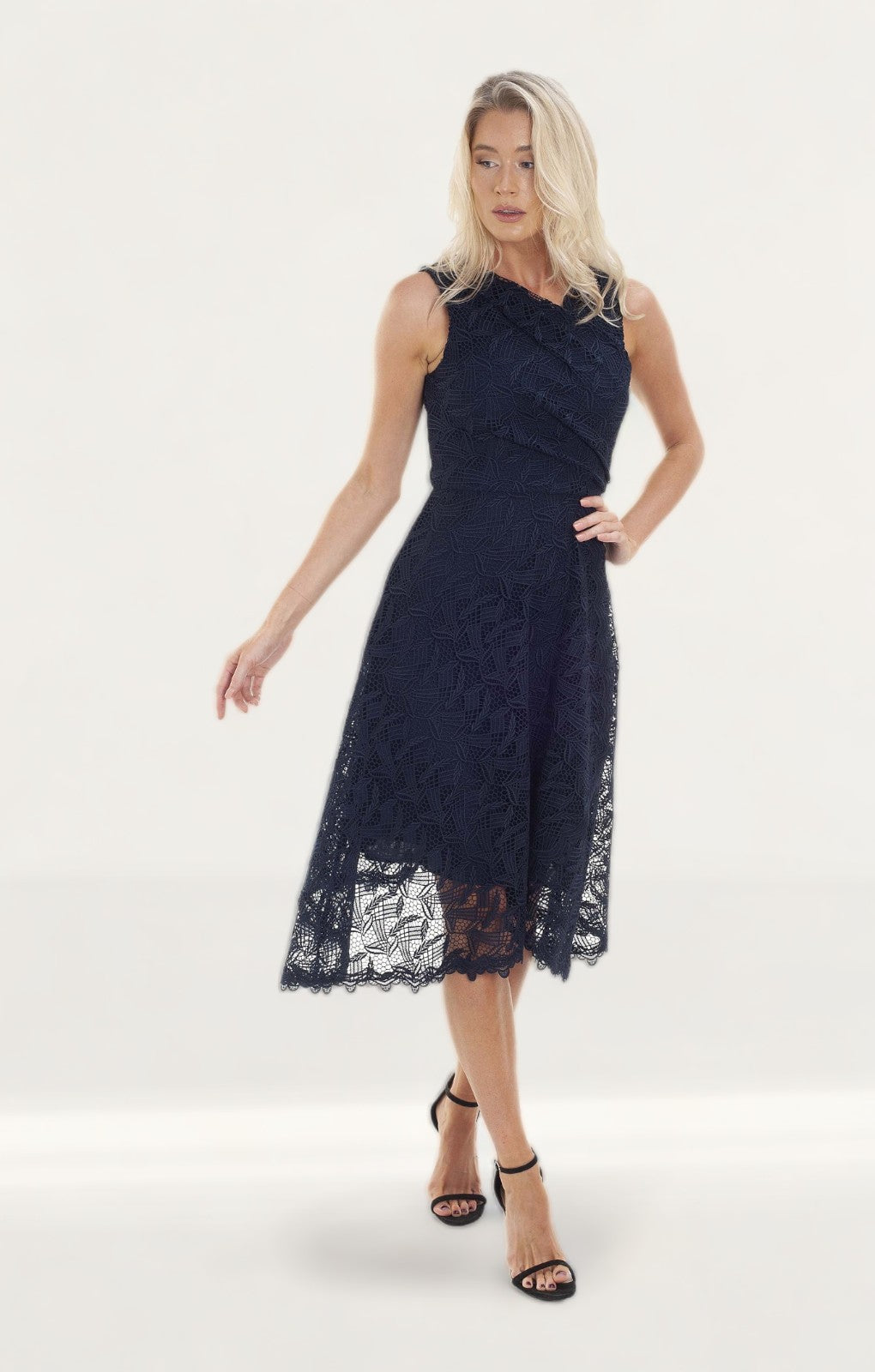 Reiss Navy Lace Wrap Midi Dress