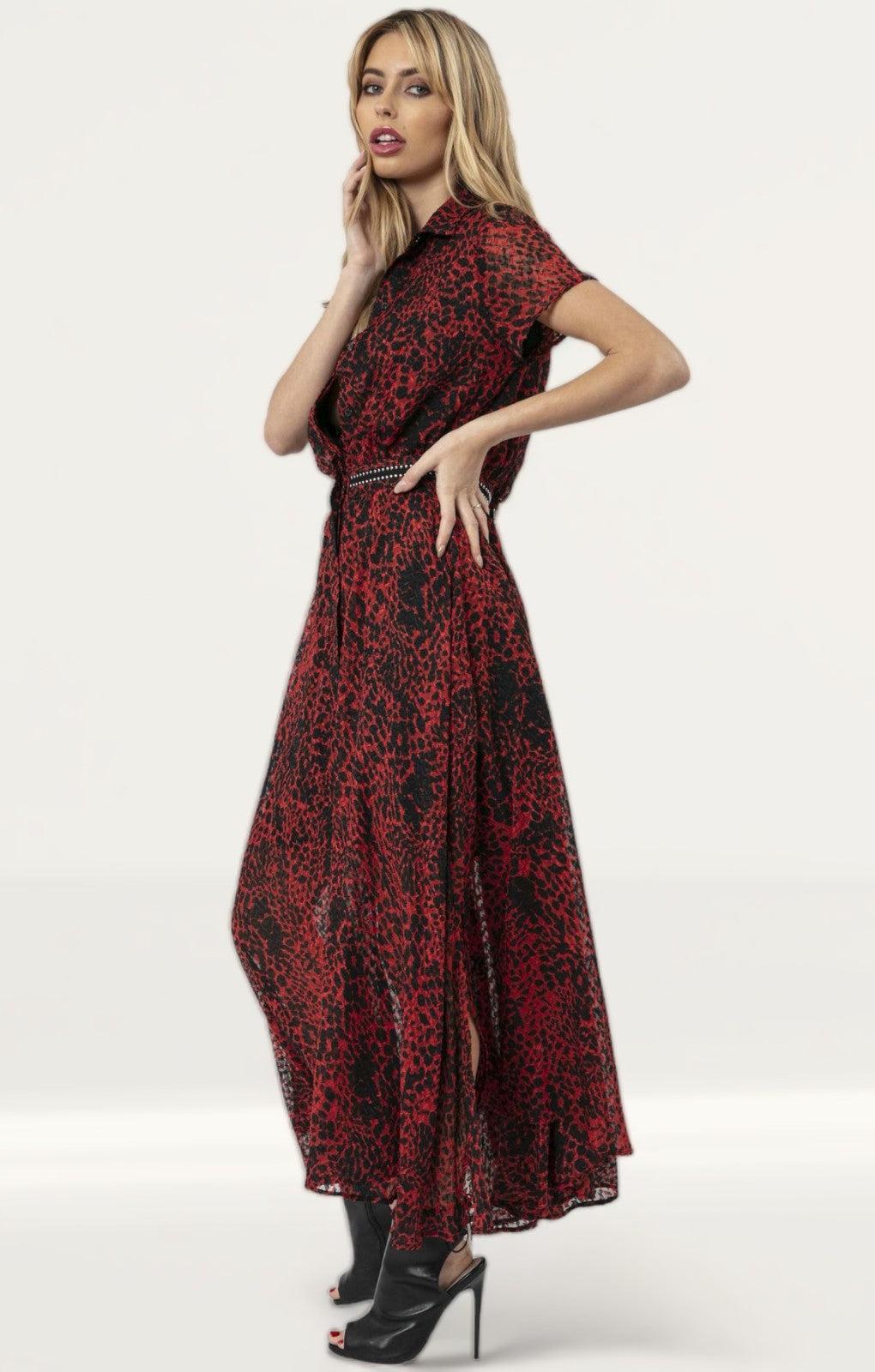 Religion Red & Black Maxi Dress With Front Button Detail
