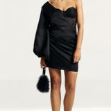 River Island Black Satin One Shoulder Bodycon Mini Dress product image