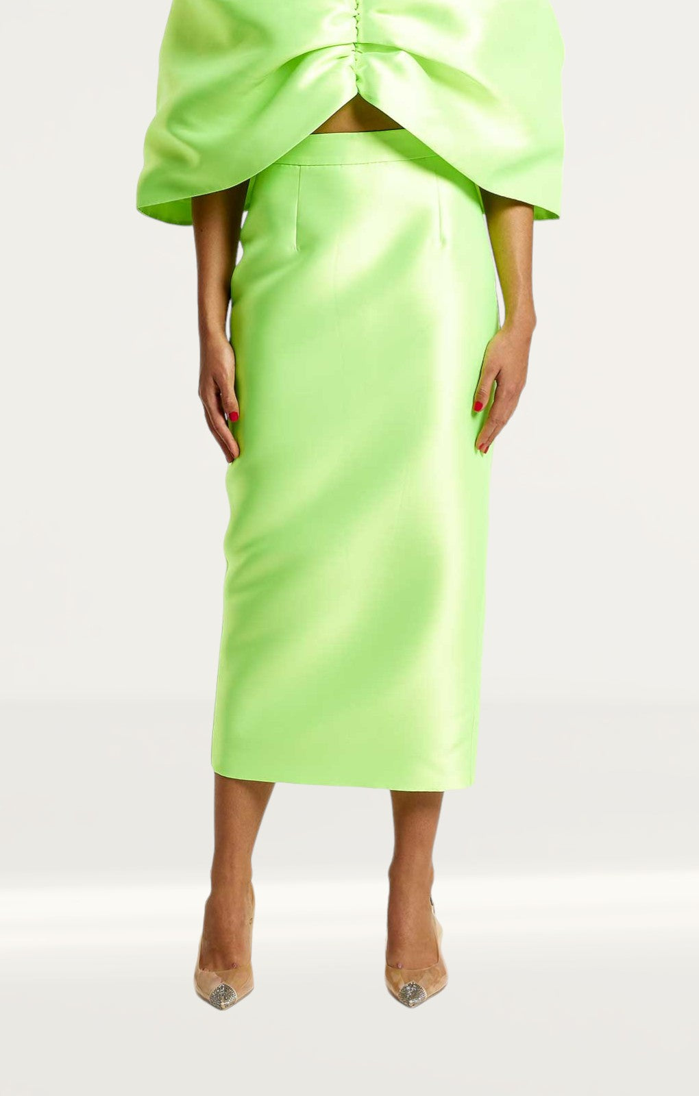 River Island Lime Green Satin Cropped Bardot Top & Midi Skirt Co-Ord